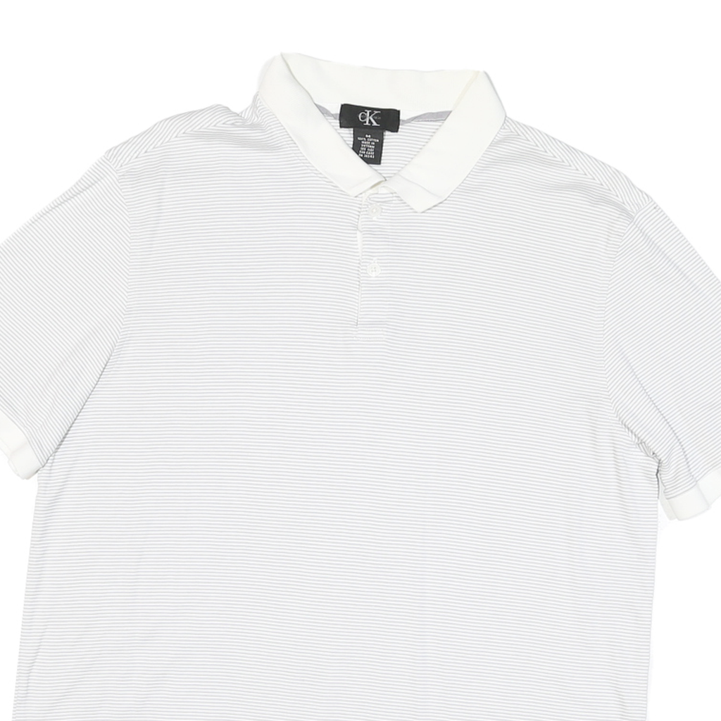 CALVIN KLEIN Mens White & Grey Striped Short Sleeve Polo Shirt M Cotton Blend