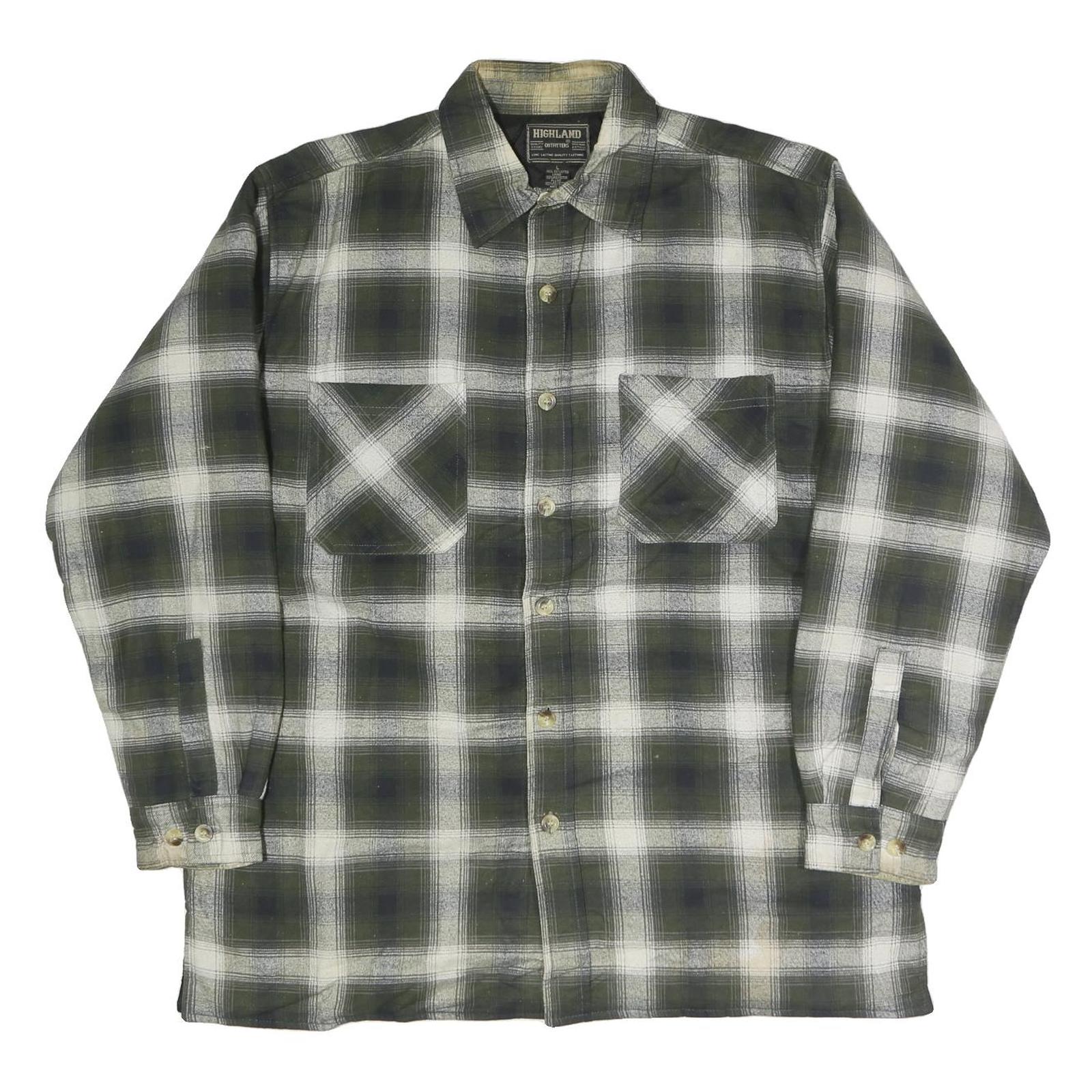 HIGHLAND Mens Green & White Check Shirt L Cotton Blend Long Sleeve Casual