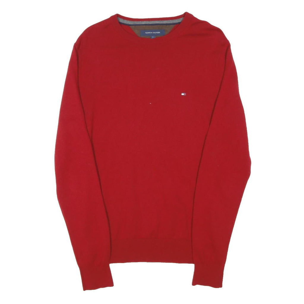 TOMMY HILFIGER Mens Red Plain Wool Jumper Crew Neck Basic Knit S Casual Warm