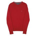 TOMMY HILFIGER Mens Red Plain Wool Jumper Crew Neck Basic Knit S Casual Warm
