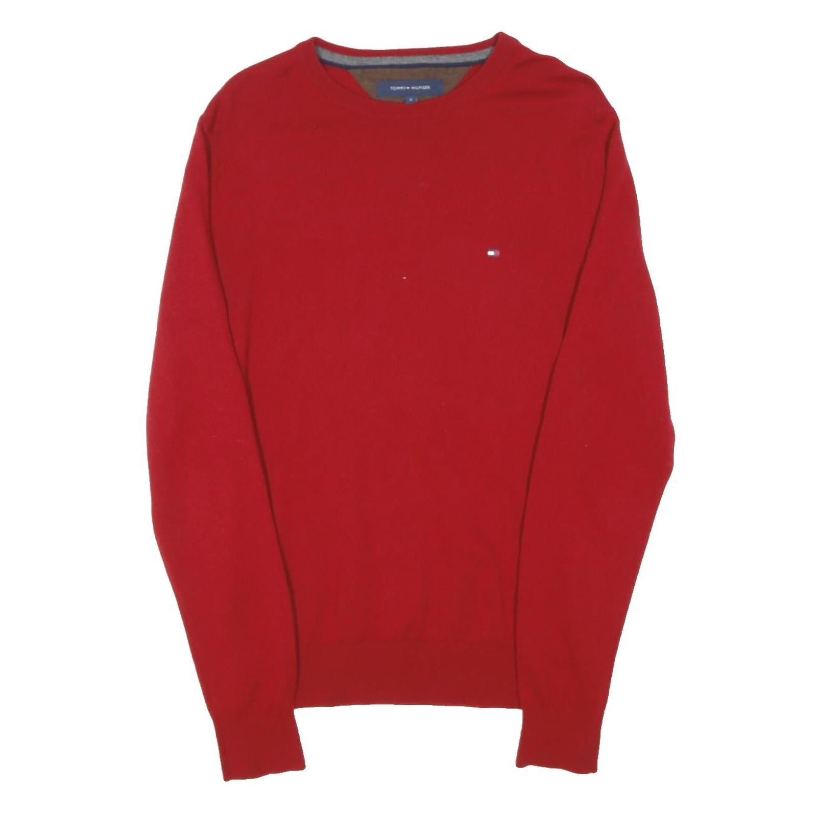 TOMMY HILFIGER Mens Red Plain Wool Jumper Crew Neck Basic Knit S Casual Warm