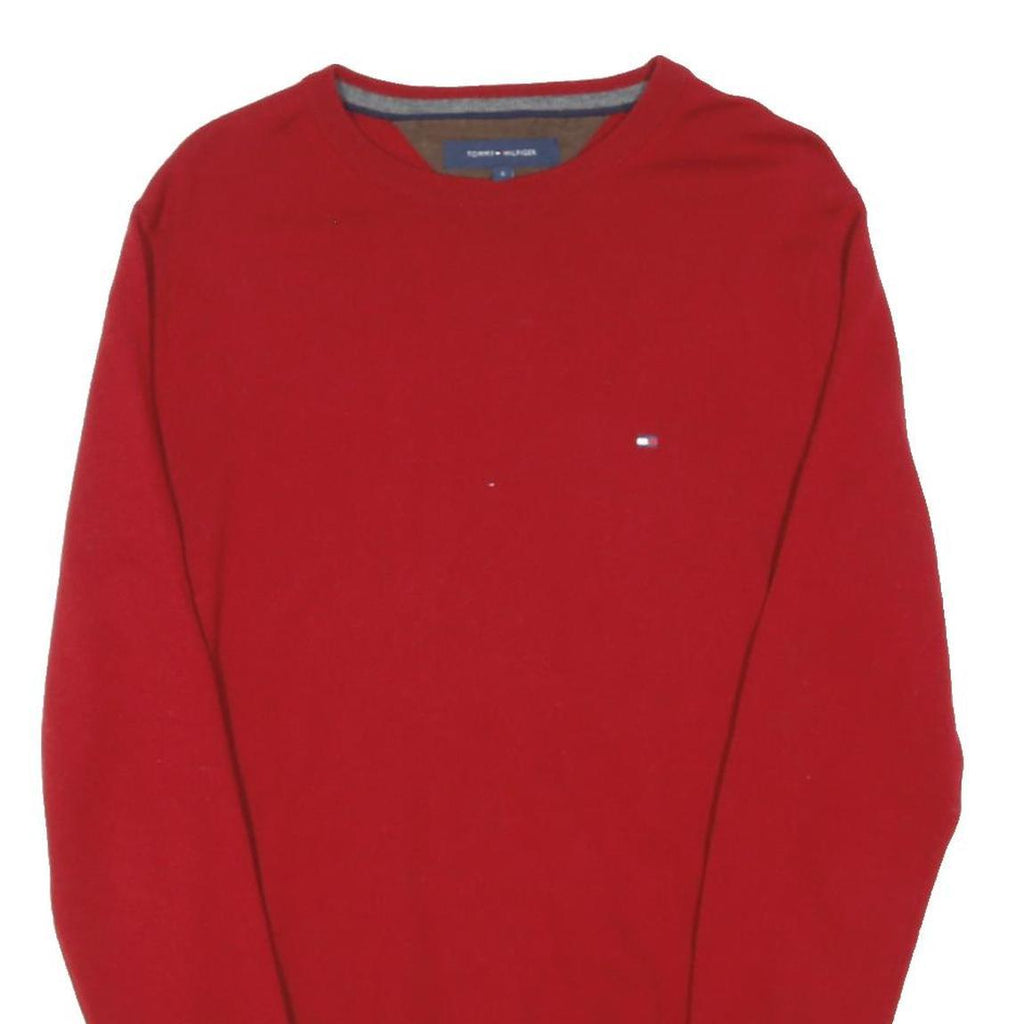 TOMMY HILFIGER Mens Red Plain Wool Jumper Crew Neck Basic Knit S Casual Warm