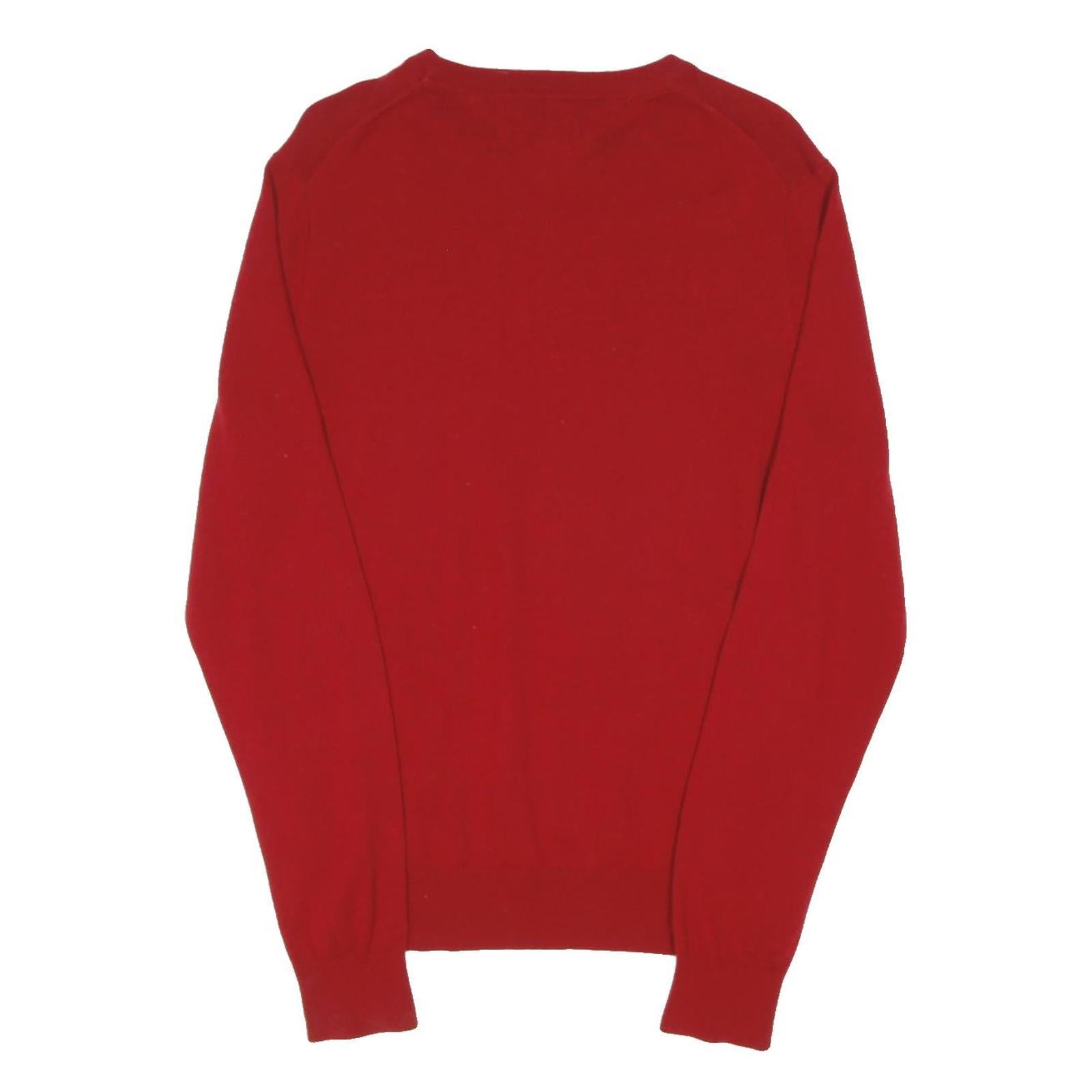 TOMMY HILFIGER Mens Red Plain Wool Jumper Crew Neck Basic Knit S Casual Warm