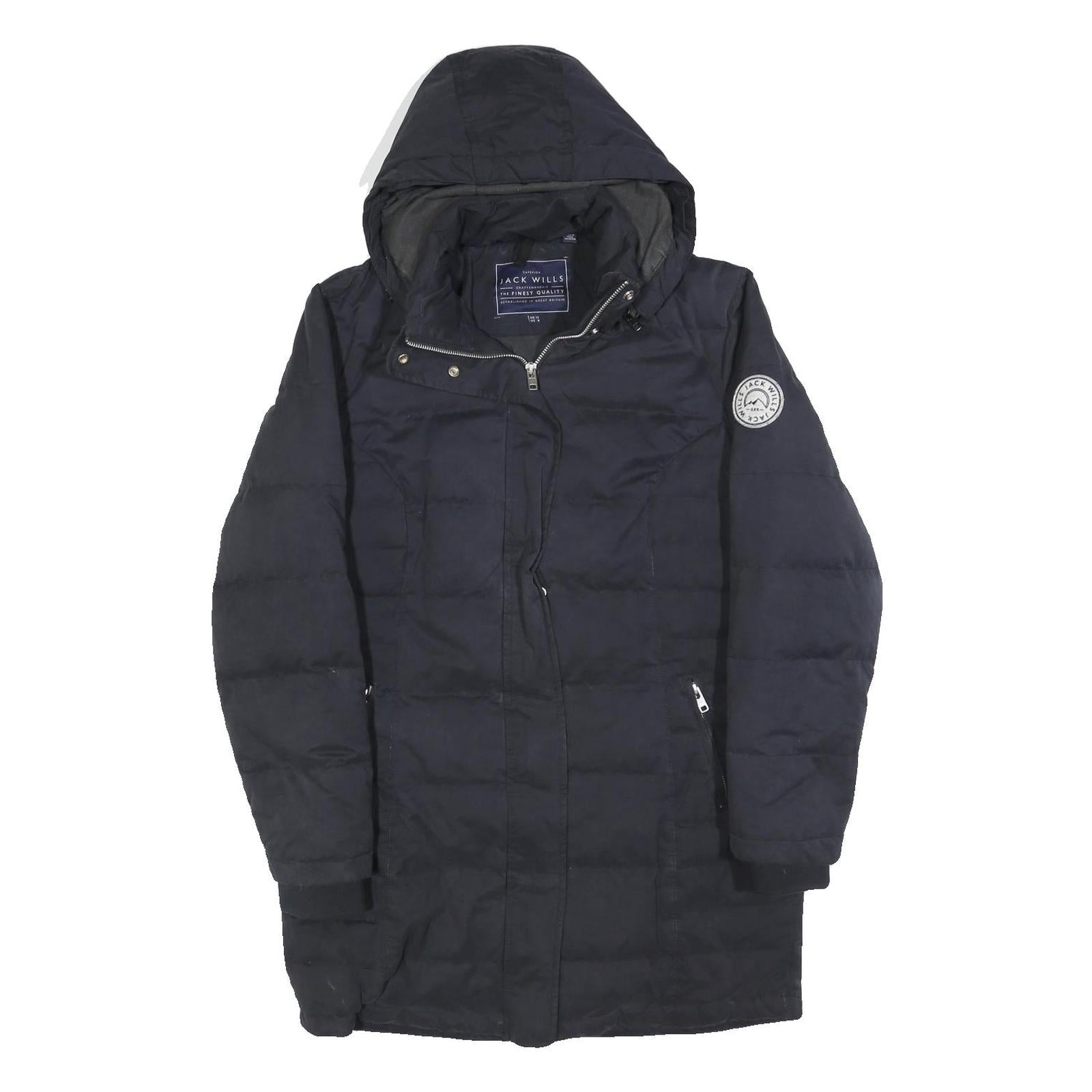 JACK WILLS Womens Navy Blue Puffer Jacket UK 12 Cotton Blend Hooded Zip