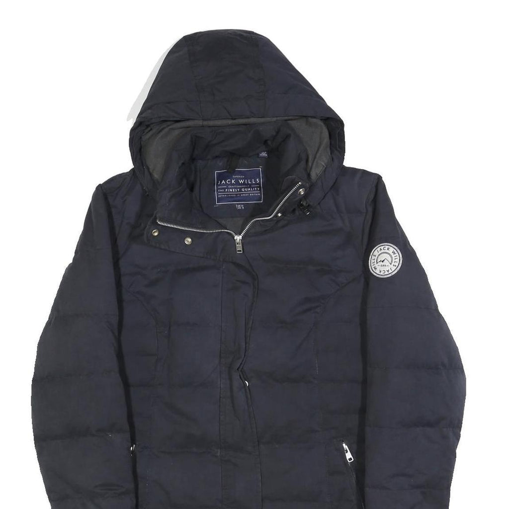 JACK WILLS Womens Navy Blue Puffer Jacket UK 12 Cotton Blend Hooded Zip