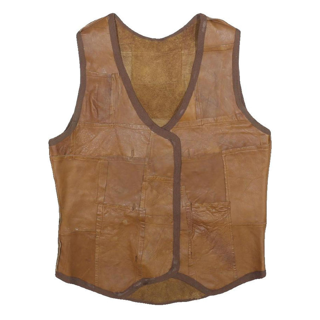 Womens Brown Leather Patchwork Button Jacket M Leather Patchwork Casual