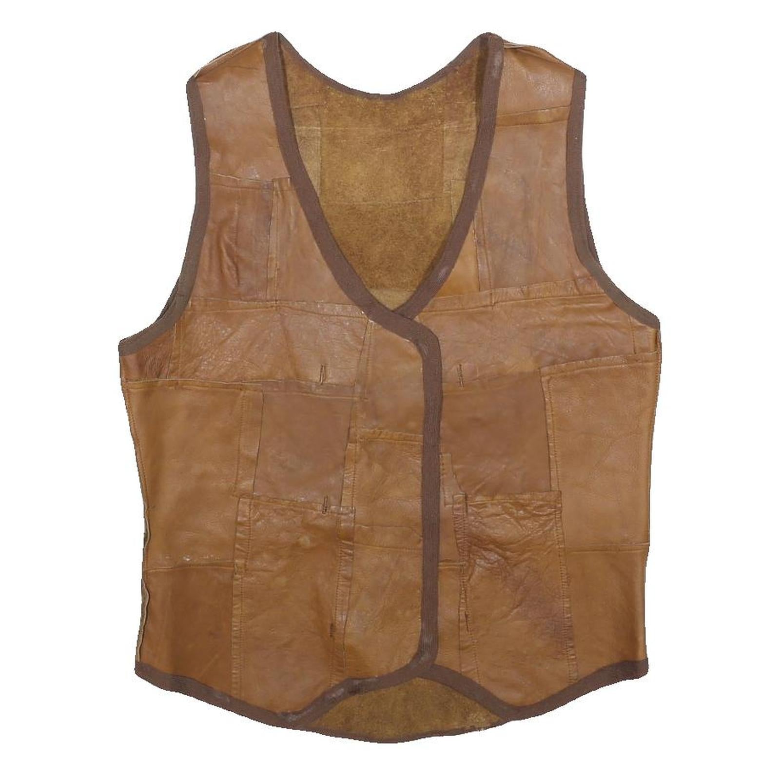 Womens Brown Leather Patchwork Button Jacket M Leather Patchwork Casual