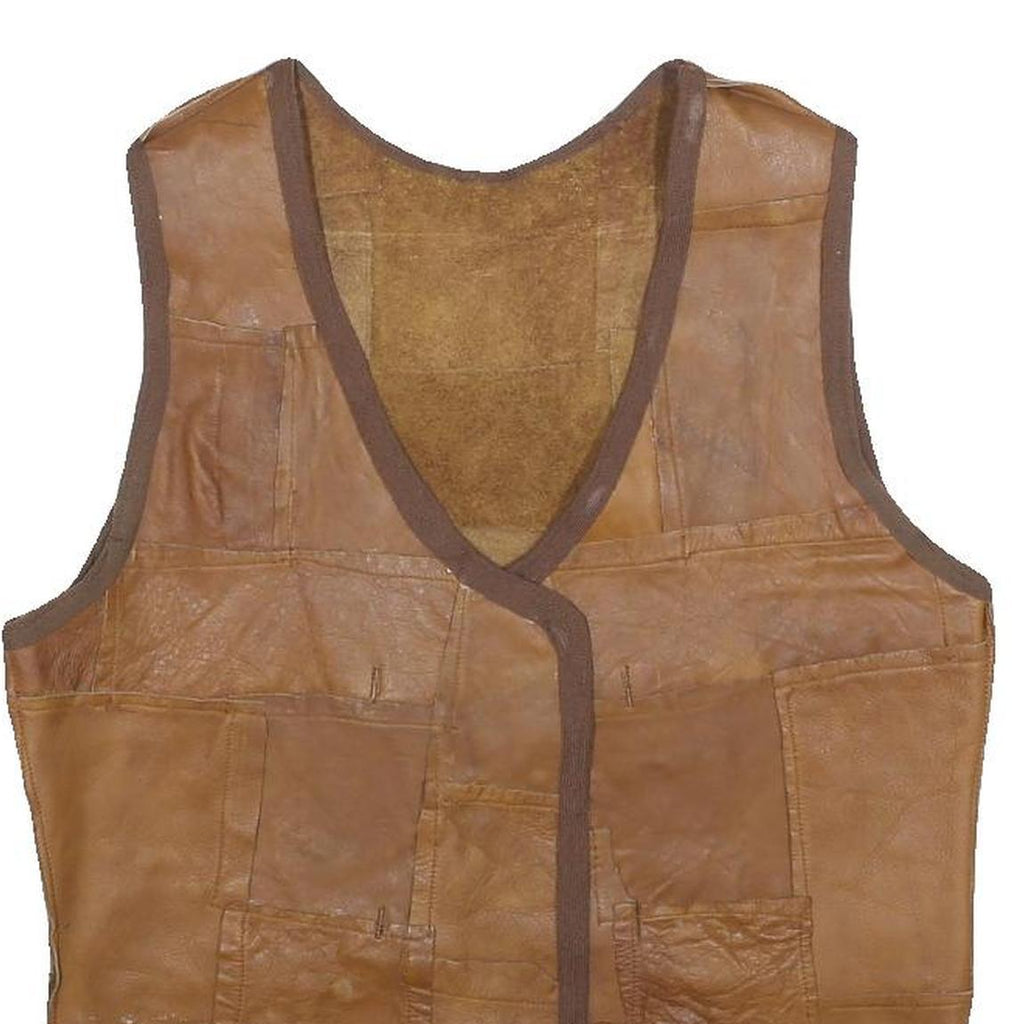 Womens Brown Leather Patchwork Button Jacket M Leather Patchwork Casual