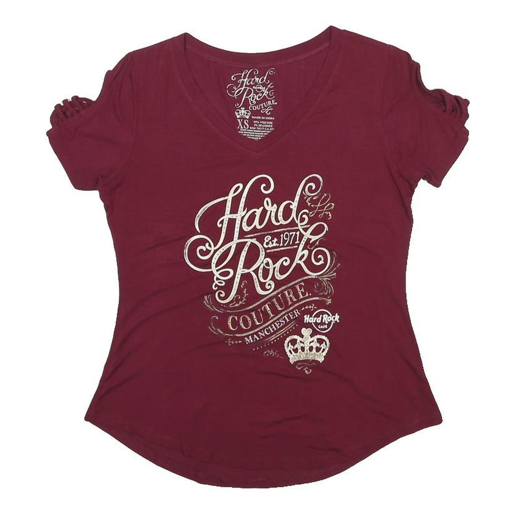 HARD ROCK CAFE Womens Maroon Vintage T-Shirt XS Short Sleeve V-Neck Cotton Blend