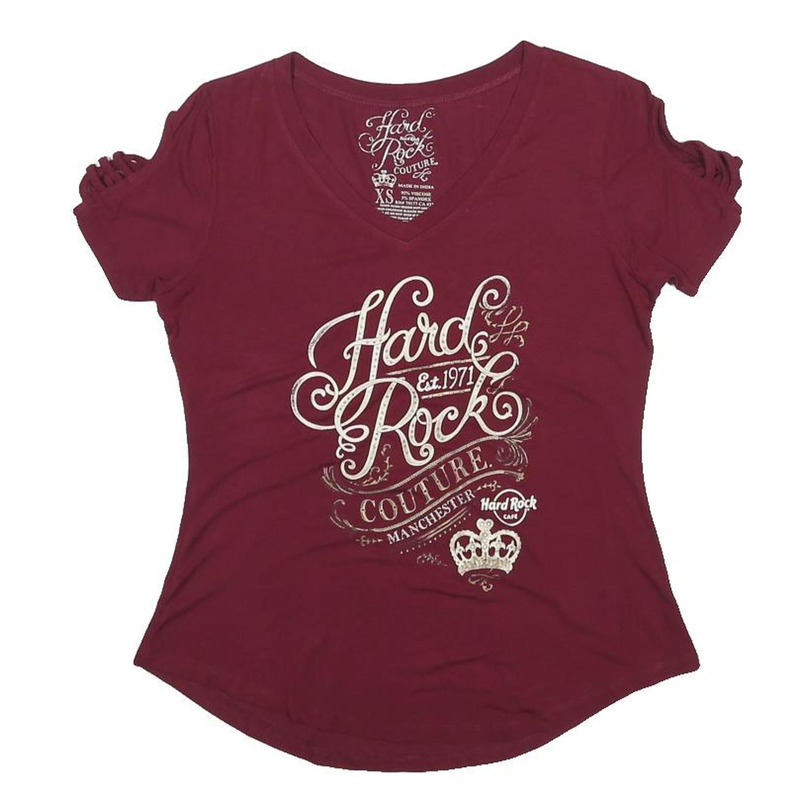 HARD ROCK CAFE Womens Maroon Vintage T-Shirt XS Short Sleeve V-Neck Cotton Blend