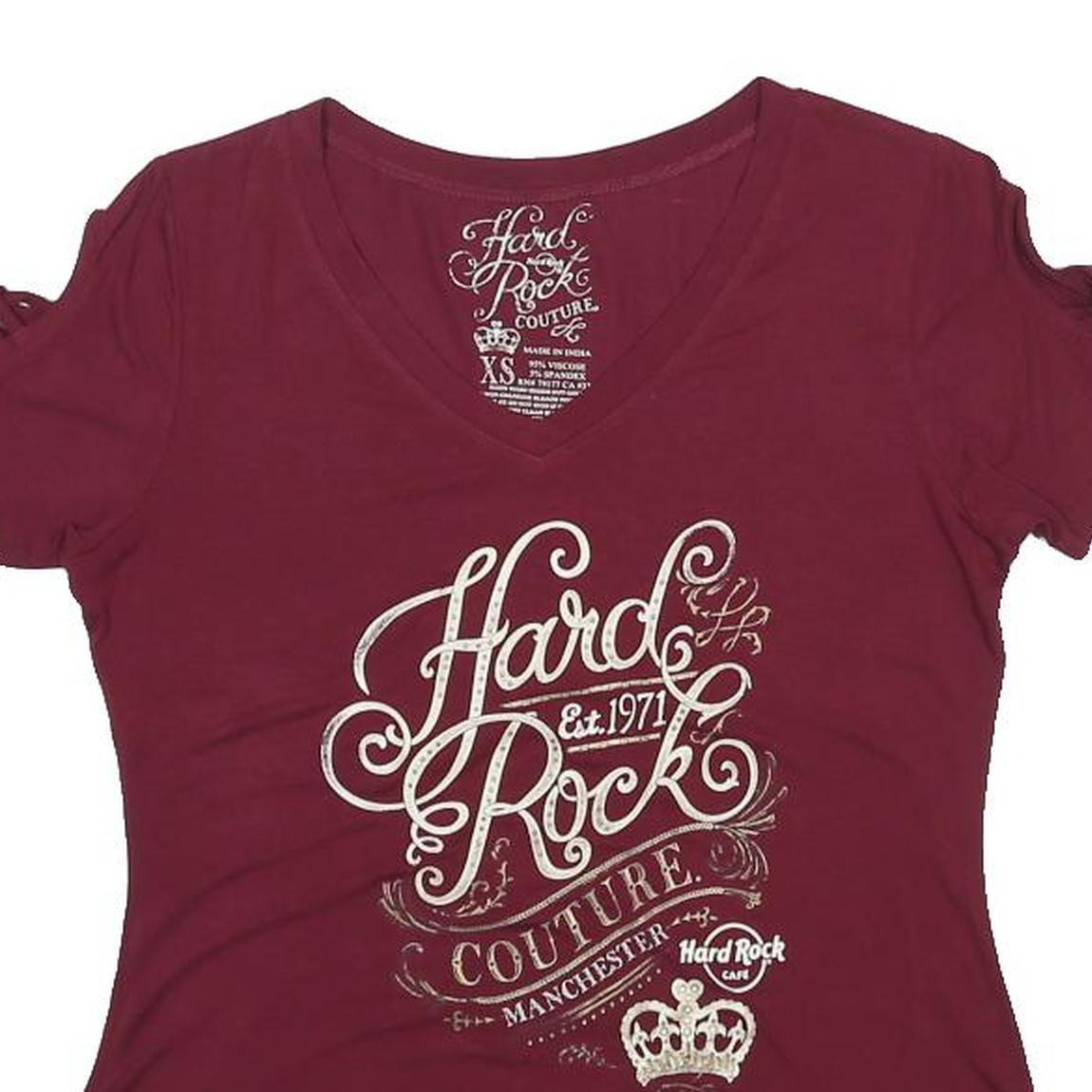 HARD ROCK CAFE Womens Maroon Vintage T-Shirt XS Short Sleeve V-Neck Cotton Blend