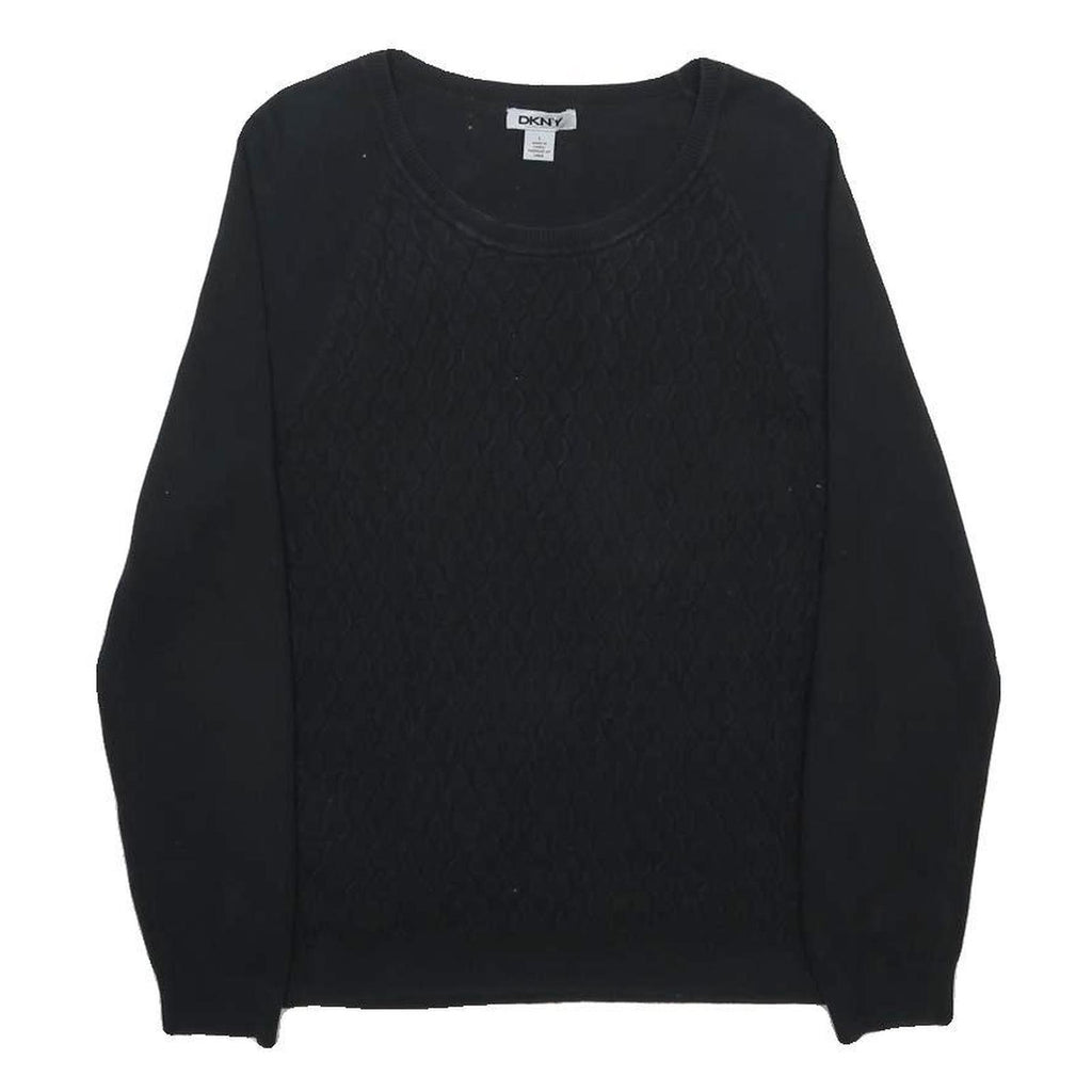 DKNY Womens Black Plain Cotton Blend Jumper Crew Neck Basic Knit L