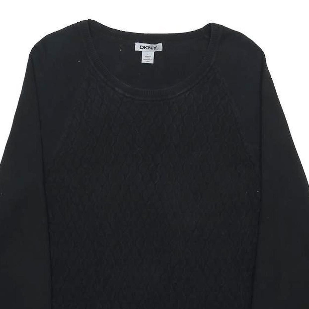 DKNY Womens Black Plain Cotton Blend Jumper Crew Neck Basic Knit L