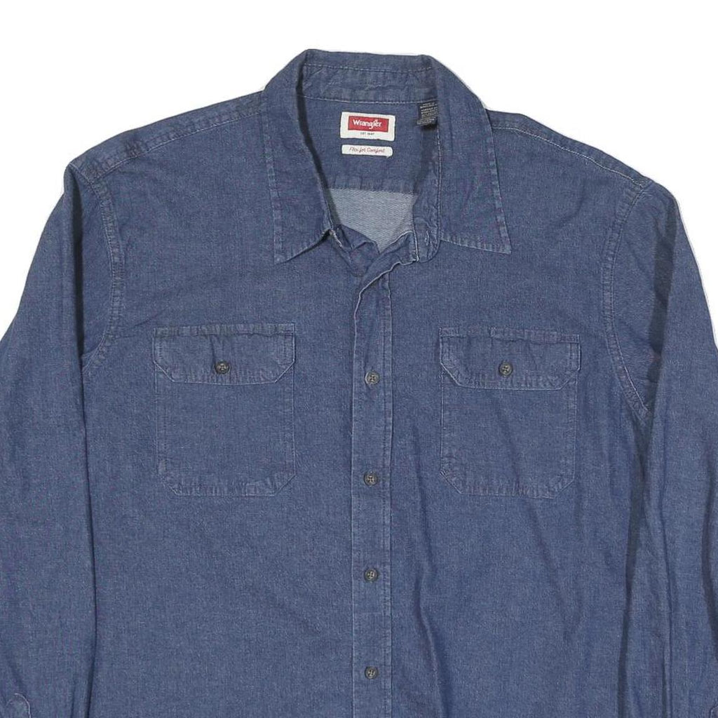 WRANGLER Mens Blue Denim Shirt 2XL Button Pocket Long Sleeve Cotton Blend