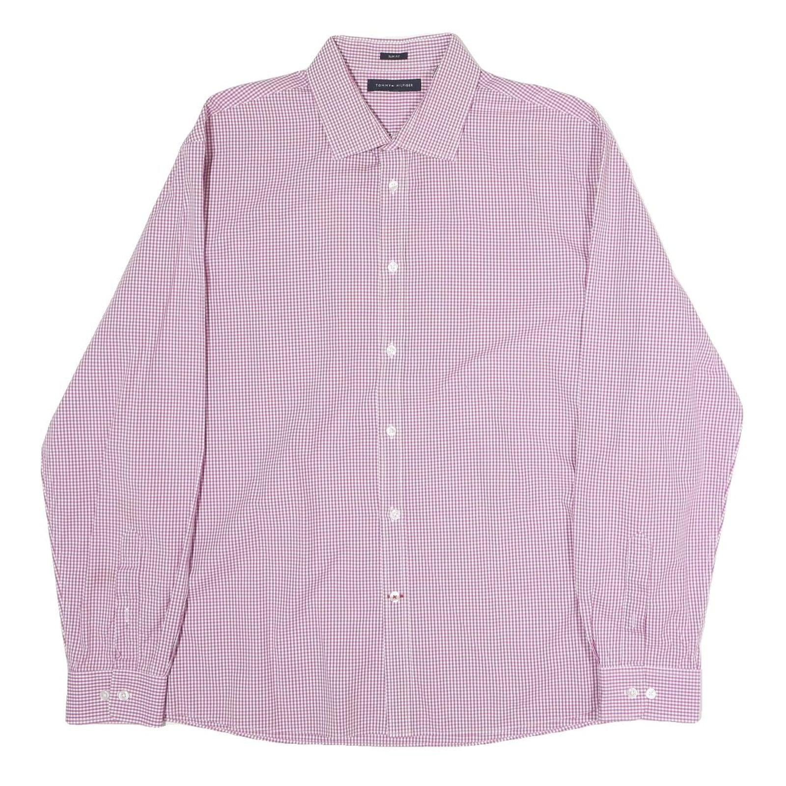 TOMMY HILFIGER Mens Maroon Check Shirt XL Classic Fit Cotton Button-Down Collar