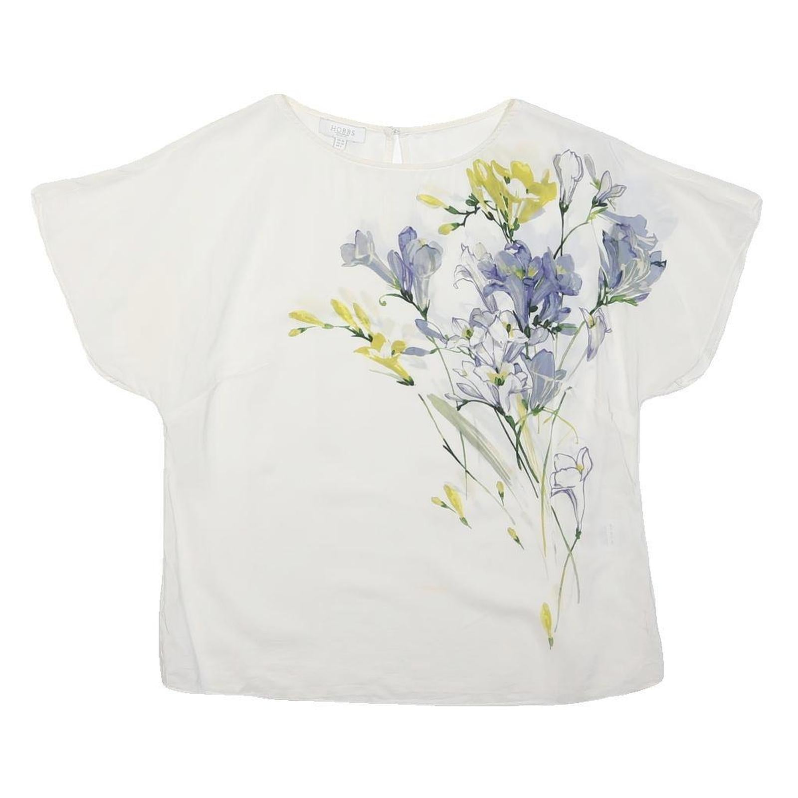 HOBBS LONDON Womens White Printed Blouse Short Sleeve Round Neck UK 10 Floral