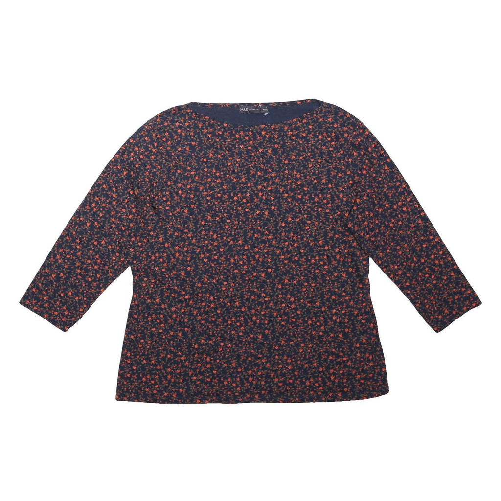 M&S Womens Navy Blue & Red Floral Print Top Long Sleeve Round Neck UK 18