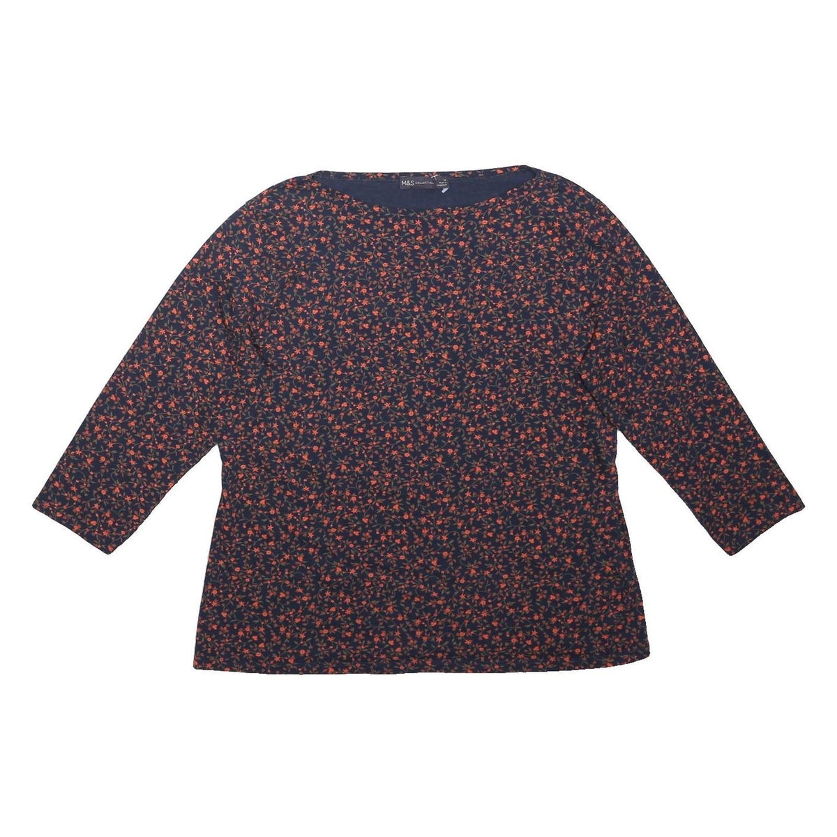 M&S Womens Navy Blue & Red Floral Print Top Long Sleeve Round Neck UK 18