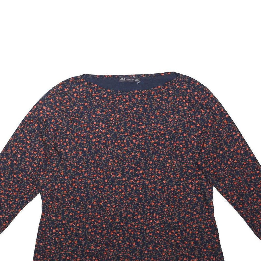 M&S Womens Navy Blue & Red Floral Print Top Long Sleeve Round Neck UK 18