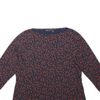 M&S Womens Navy Blue & Red Floral Print Top Long Sleeve Round Neck UK 18