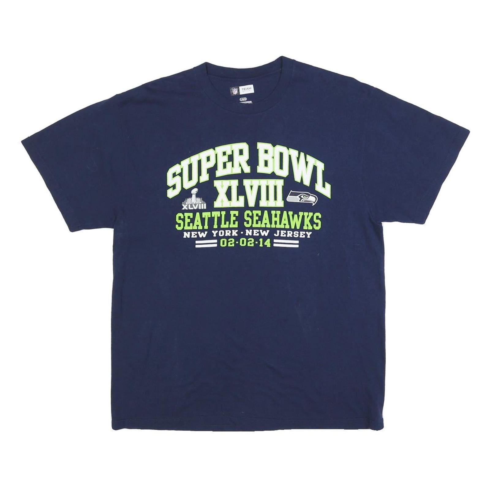 NFL Mens Blue Super Bowl XLVIII Graphic T-Shirt L Short Sleeve Crew Neck