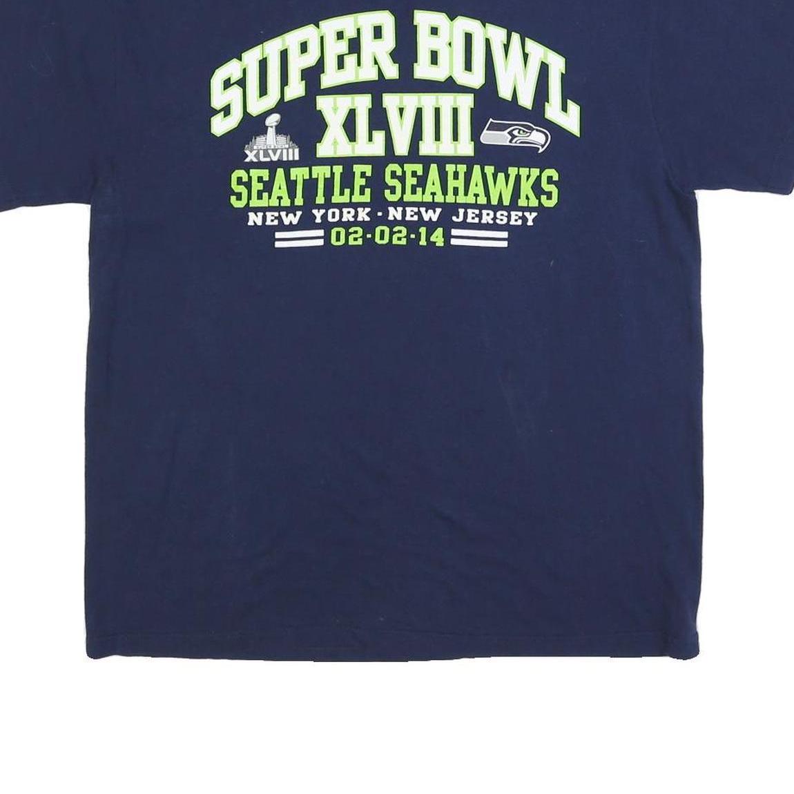 NFL Mens Blue Super Bowl XLVIII Graphic T-Shirt L Short Sleeve Crew Neck