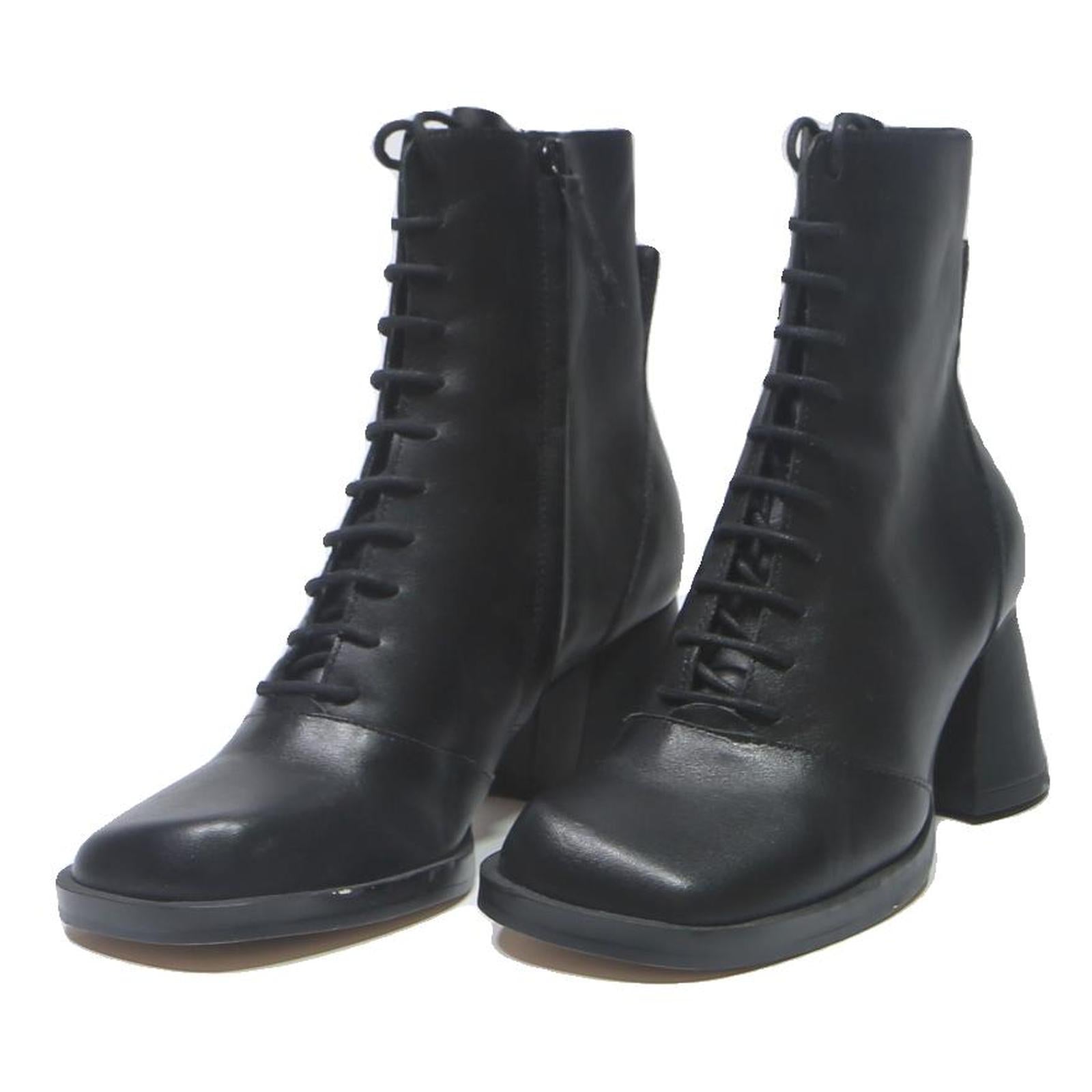 CHARLES & KEITH Womens Lace-Up Ankle Boots Black Leather UK 3.5 Stylish