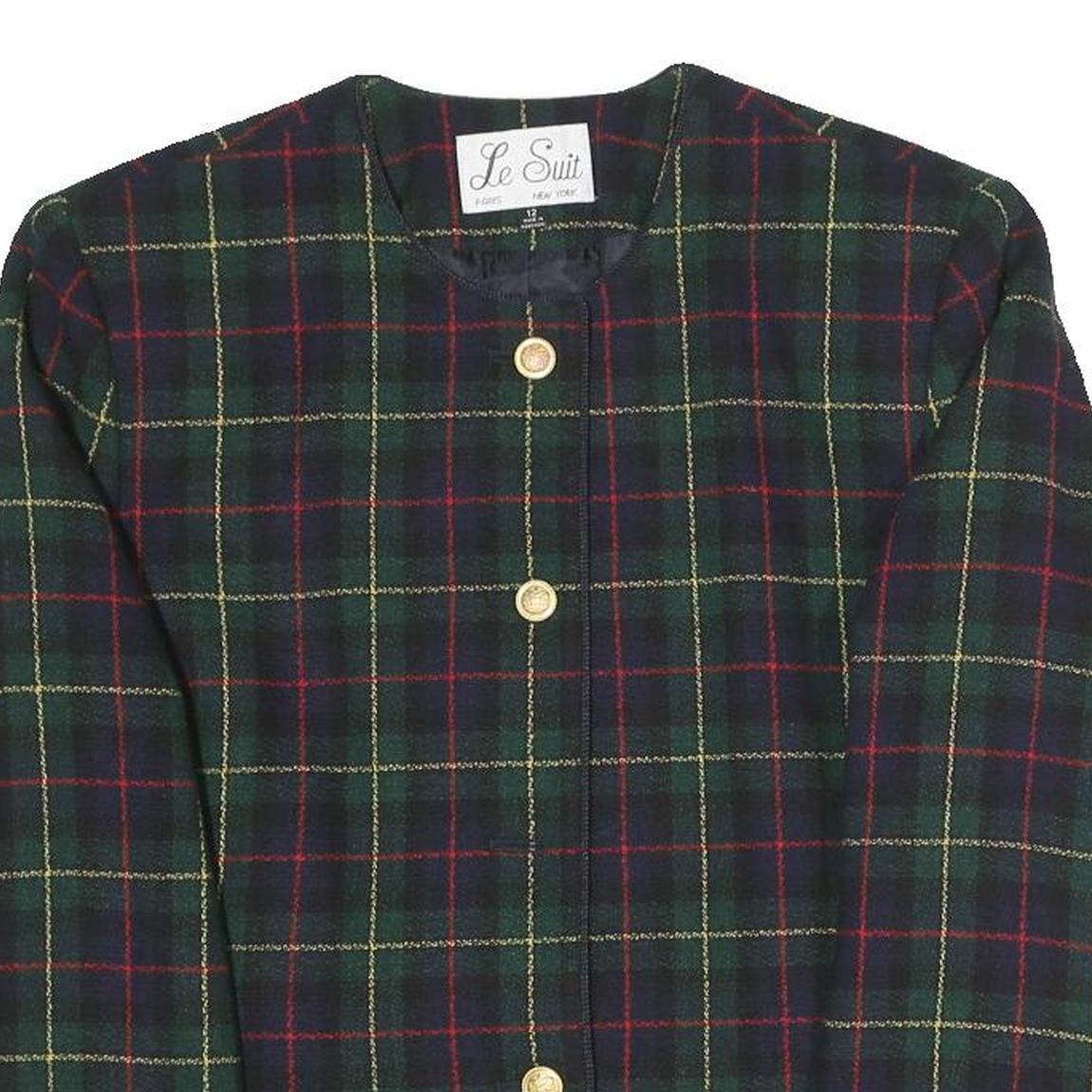 LE SUIT Womens Green Check Blazer Jacket UK 12 Polyester Blend Woven Button