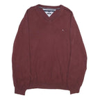 TOMMY HILFIGER Mens Maroon Plain Cotton V-Neck Basic Knit 2XL Jumper Casual