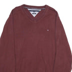 TOMMY HILFIGER Mens Maroon Plain Cotton V-Neck Basic Knit 2XL Jumper Casual