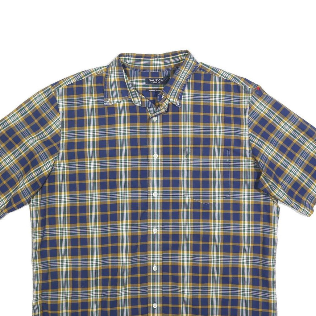 NAUTICA Mens Blue & Yellow Check Shirt XL Cotton Blend Short Sleeve Casual