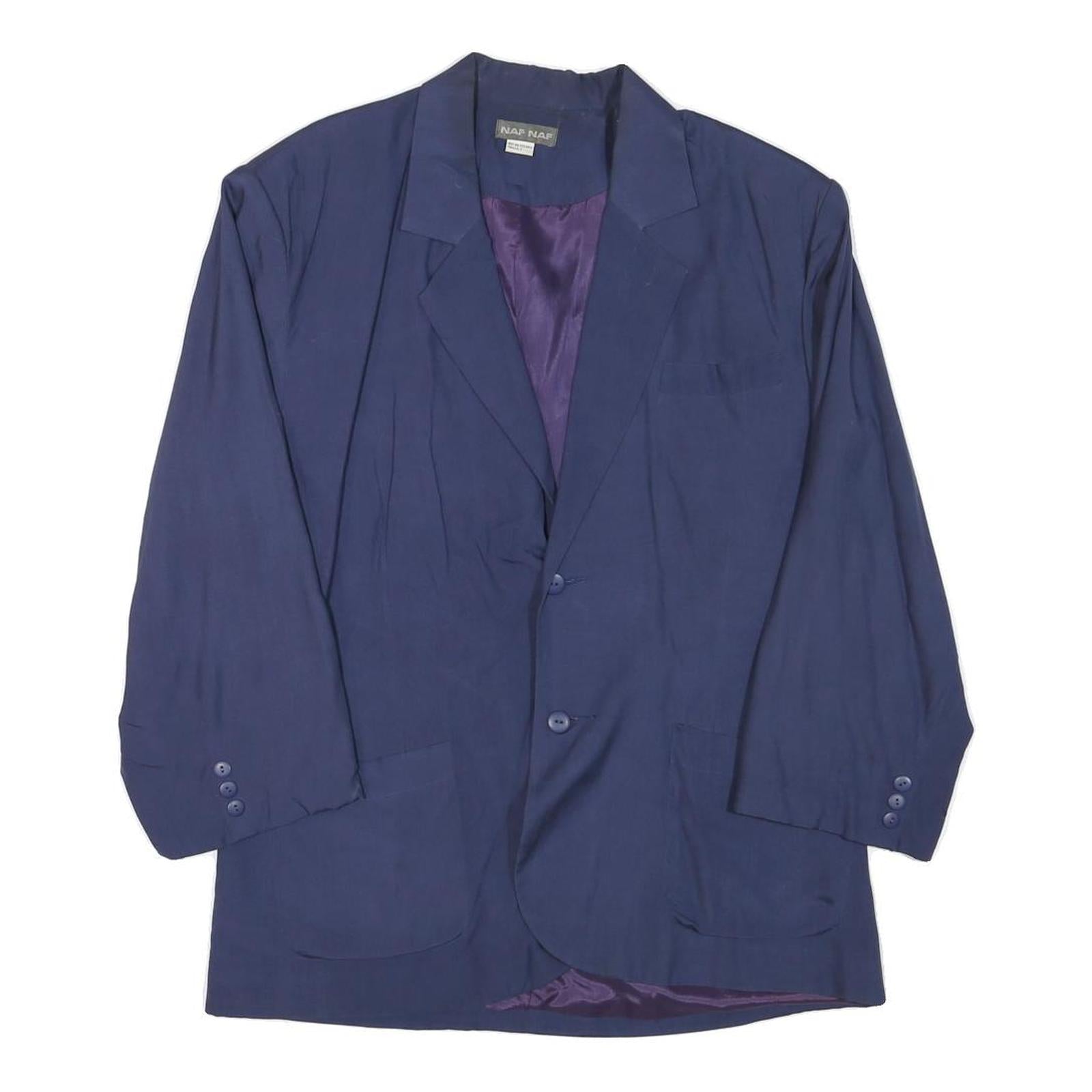 NAF NAF Womens Blue Silk Button Jacket L Plain Elegant Classic