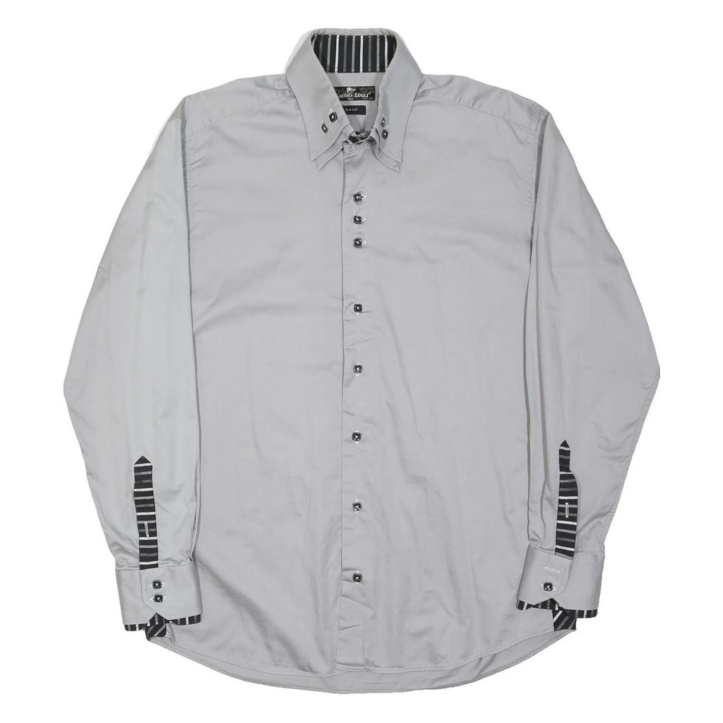 CLAUDIO LUGLI Mens Grey Slim Fit Shirt L Striped Collar Cuff Stylish