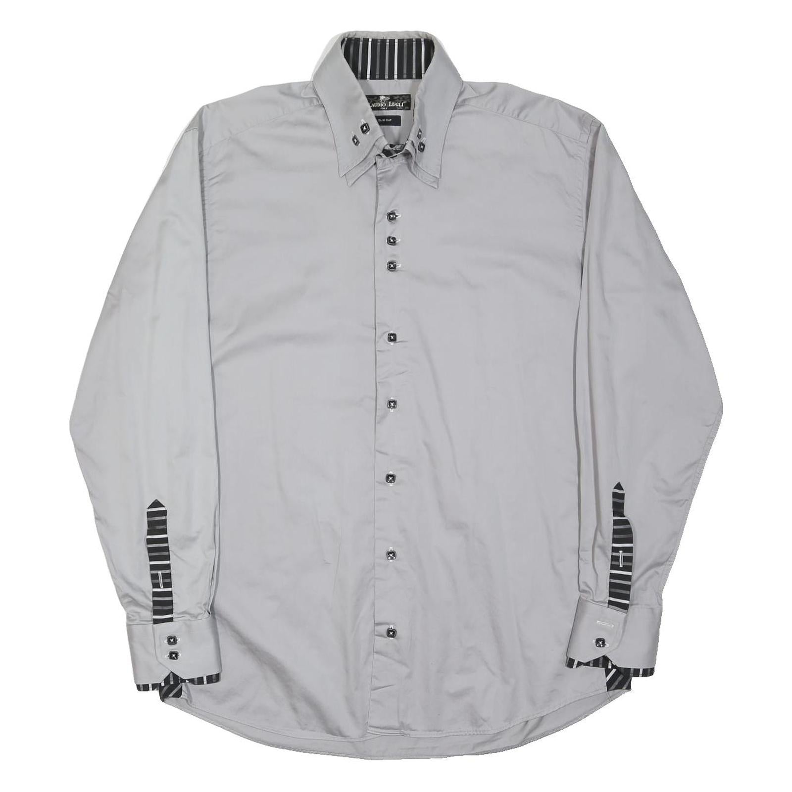 CLAUDIO LUGLI Mens Grey Slim Fit Shirt L Striped Collar Cuff Stylish