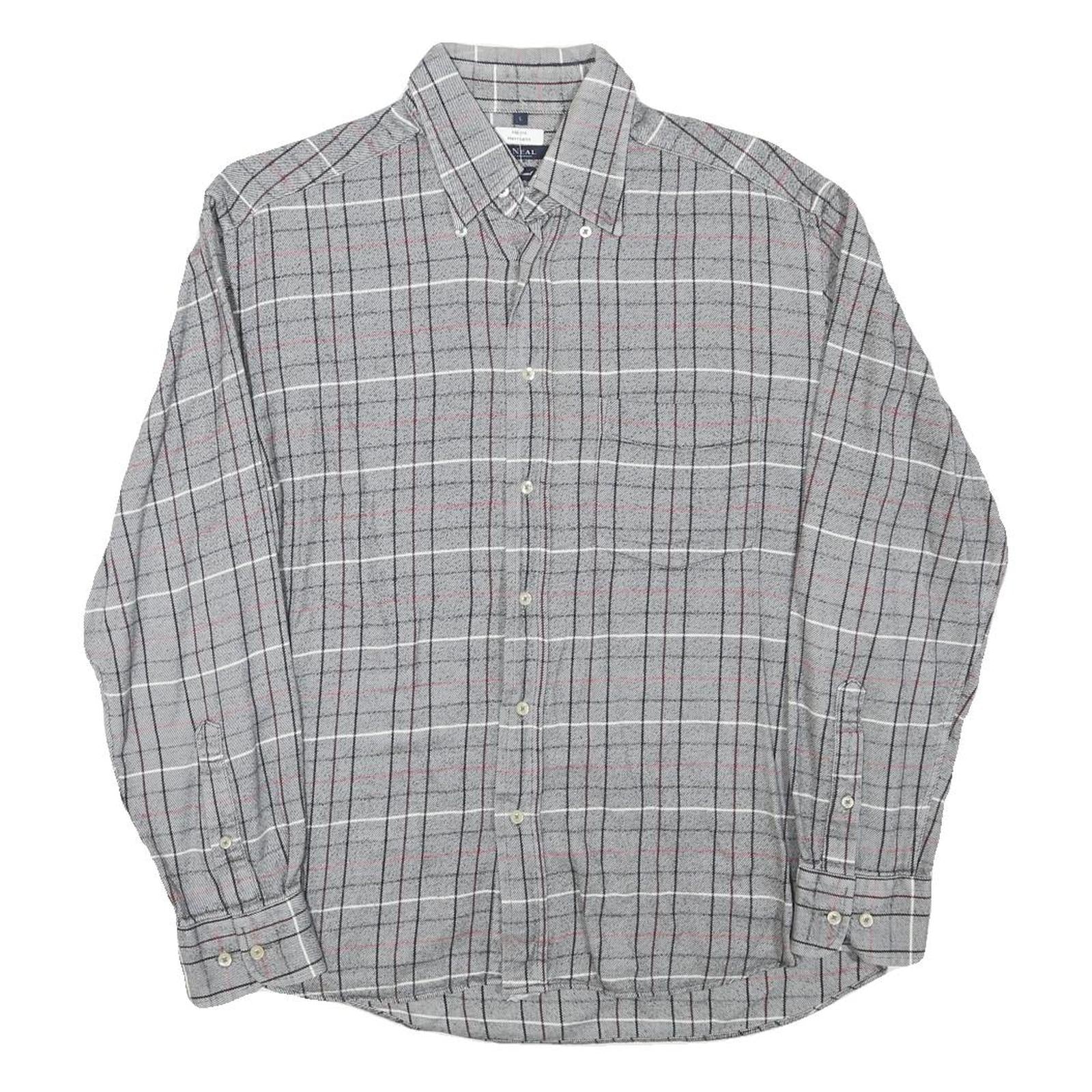 MCNEAL Mens Grey & White Check Shirt L Button-Down Collar Long Sleeve Cotton