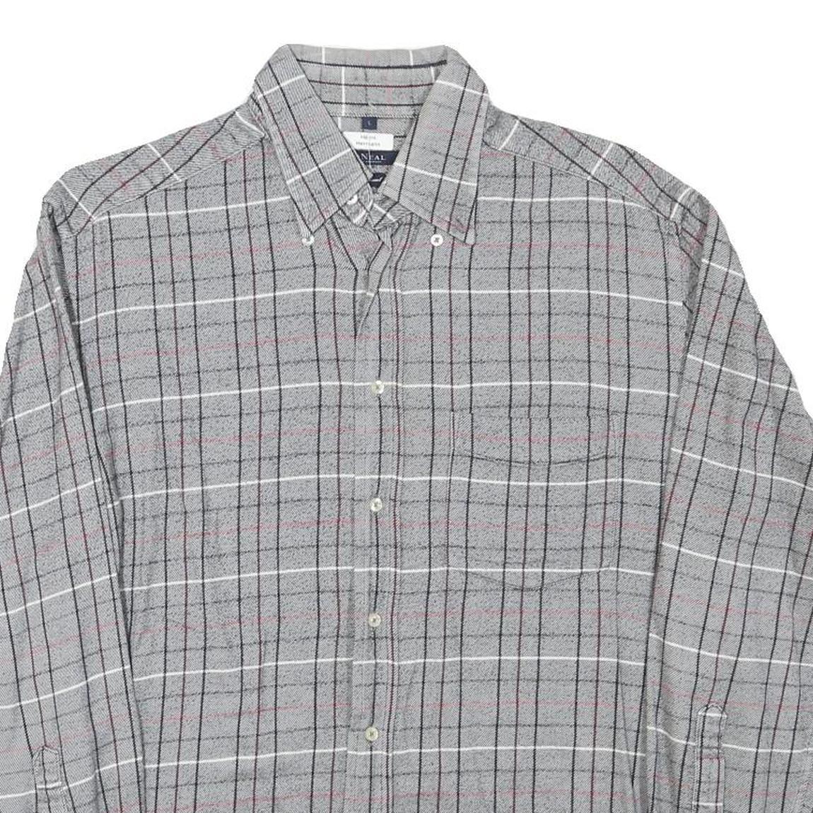 MCNEAL Mens Grey & White Check Shirt L Button-Down Collar Long Sleeve Cotton