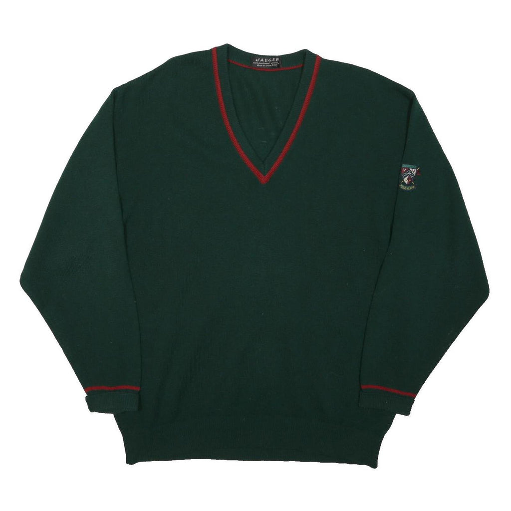 JAEGER Mens Green & Red Plain V-Neck Basic Knit Jumper L Wool Classic Elegant
