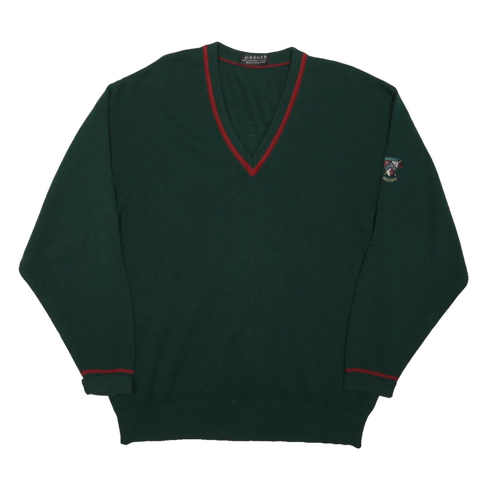 JAEGER Mens Green & Red Plain V-Neck Basic Knit Jumper L Wool Classic Elegant