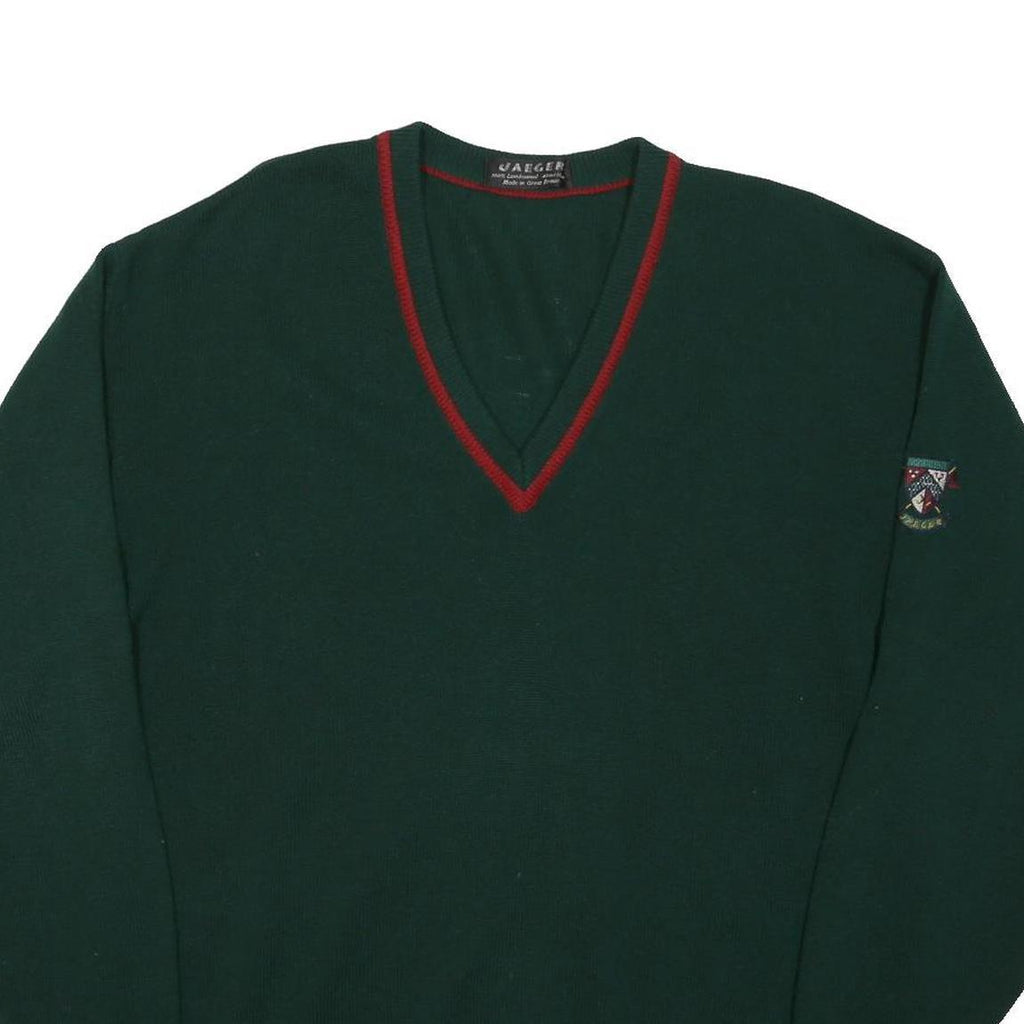 JAEGER Mens Green & Red Plain V-Neck Basic Knit Jumper L Wool Classic Elegant