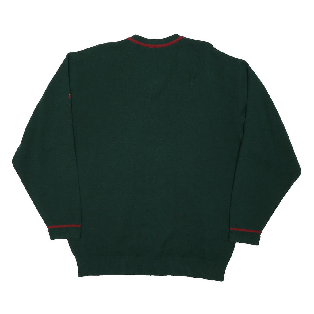 JAEGER Mens Green & Red Plain V-Neck Basic Knit Jumper L Wool Classic Elegant