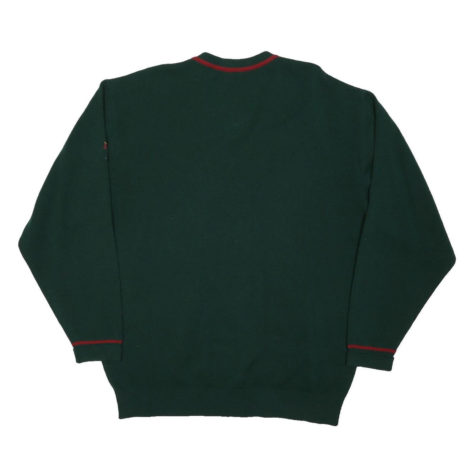 JAEGER Mens Green & Red Plain V-Neck Basic Knit Jumper L Wool Classic Elegant