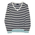 TOMMY HILFIGER Womens Navy & White Striped Plain V-Neck Jumper Cotton Blend XL