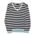 TOMMY HILFIGER Womens Navy & White Striped Plain V-Neck Jumper Cotton Blend XL
