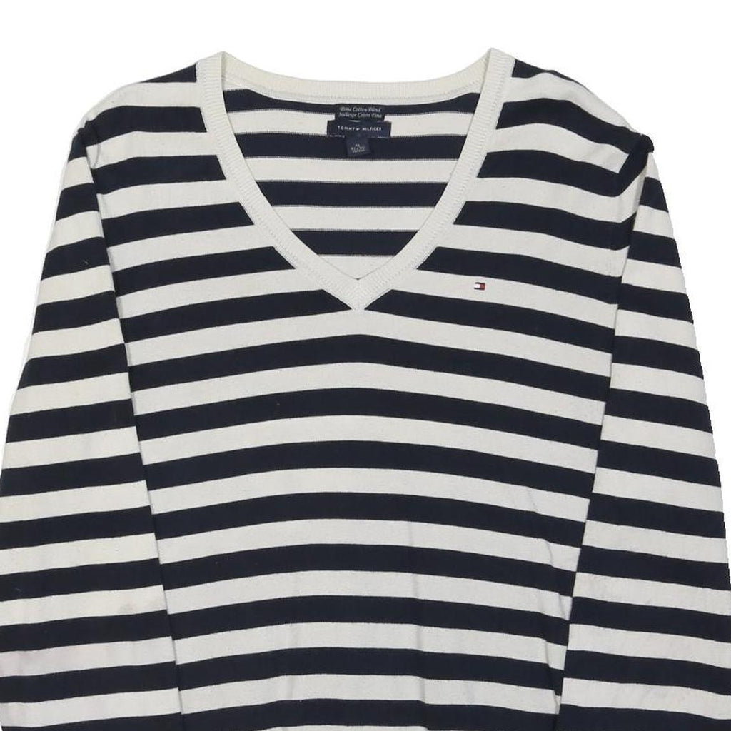 TOMMY HILFIGER Womens Navy & White Striped Plain V-Neck Jumper Cotton Blend XL