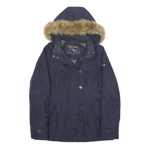 WOOLRICH Womens Navy Blue Hooded Jacket M Cotton Blend Zip Casual Warm Winter