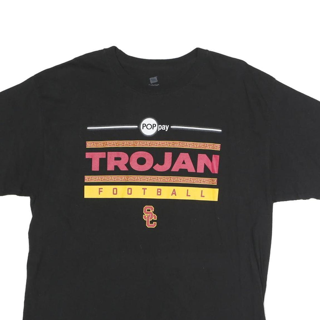 HANES Mens Black Trojan Football Graphic T-Shirt L Short Sleeve Crew Neck