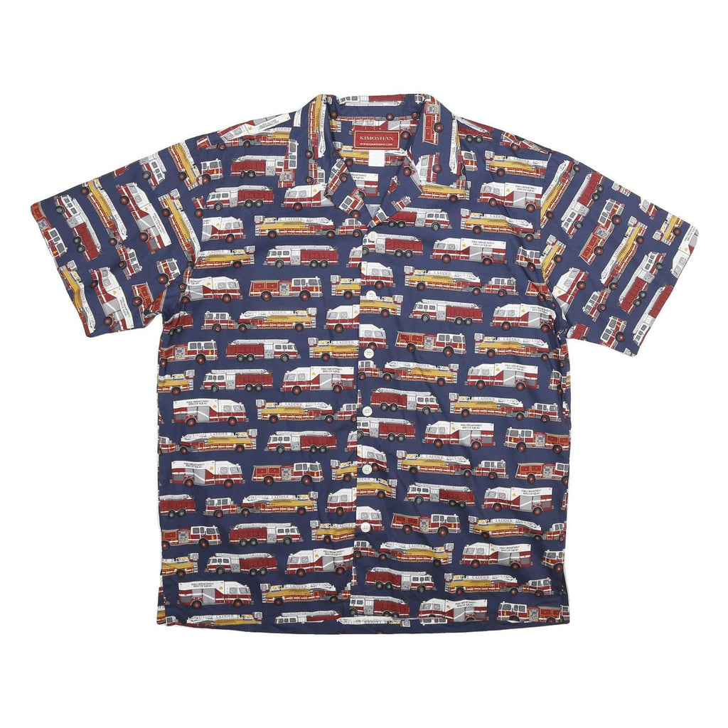 KIMOSHAN Mens Blue Shirt XL Cotton Fire Truck Print Button Collar Casual
