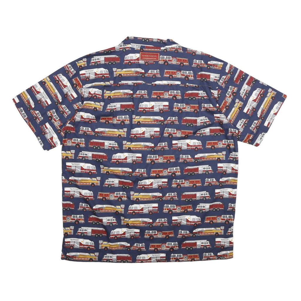 KIMOSHAN Mens Blue Shirt XL Cotton Fire Truck Print Button Collar Casual
