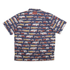 KIMOSHAN Mens Blue Shirt XL Cotton Fire Truck Print Button Collar Casual