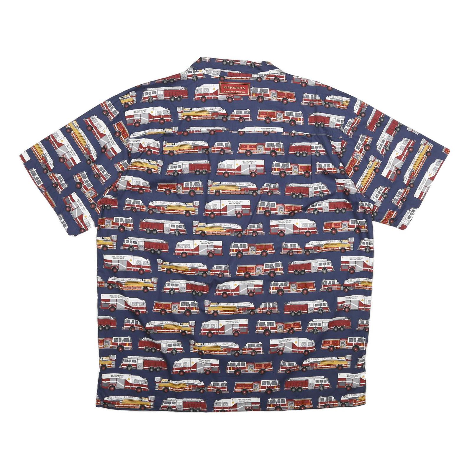 KIMOSHAN Mens Blue Shirt XL Cotton Fire Truck Print Button Collar Casual